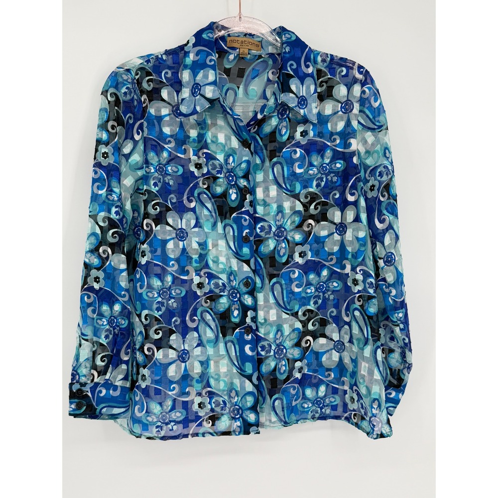 Notations Petite Blue Floral Paisley Sheer Button Down Shirt Top PL